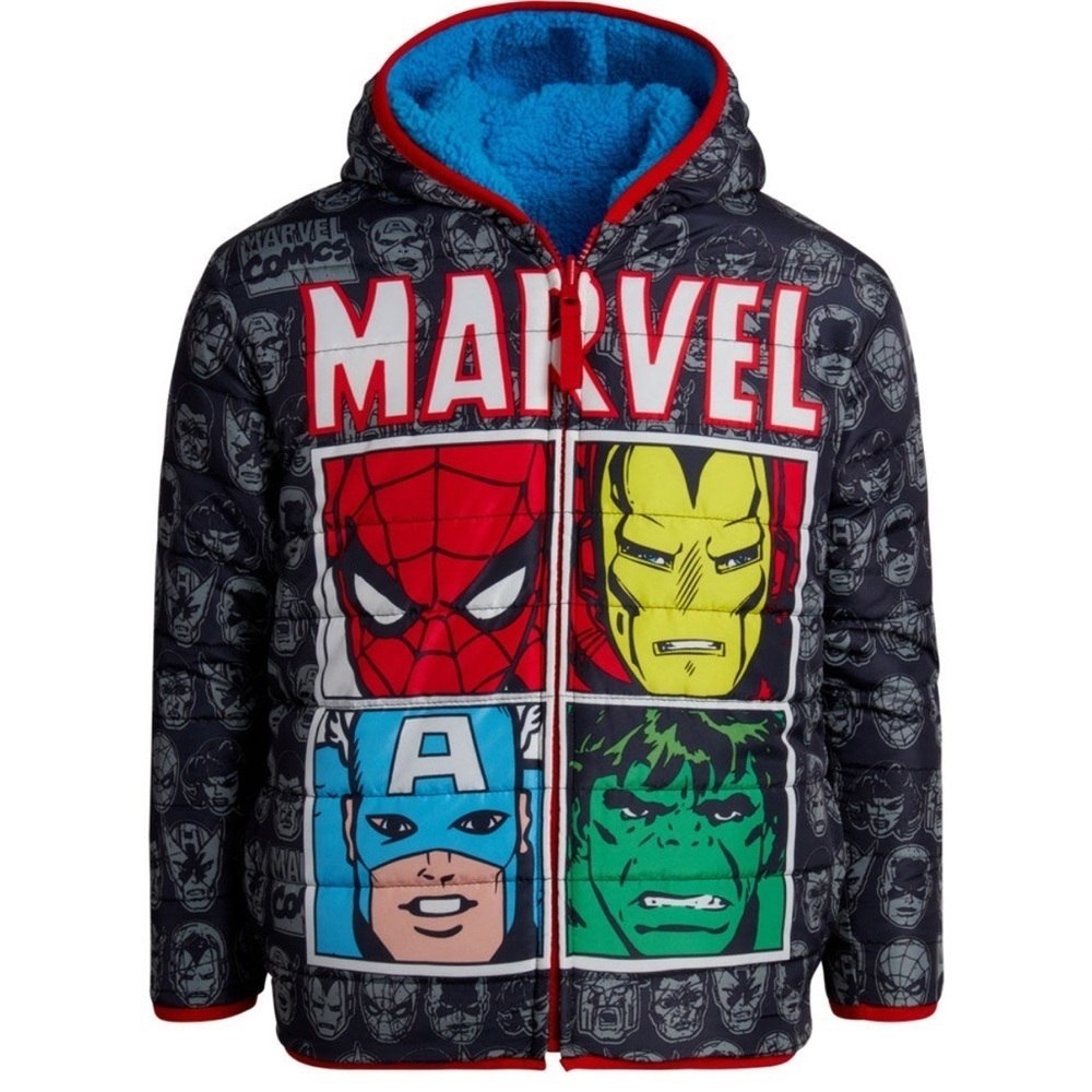 MARVEL Sherpa Reversible Jacket Coat Blue Hooded Boys Size 6 Hulk Spider-Man